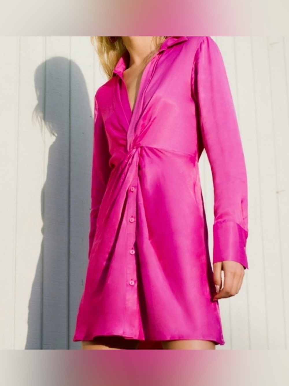 ZARA Pink Satin Knot Long Sleeve Dress